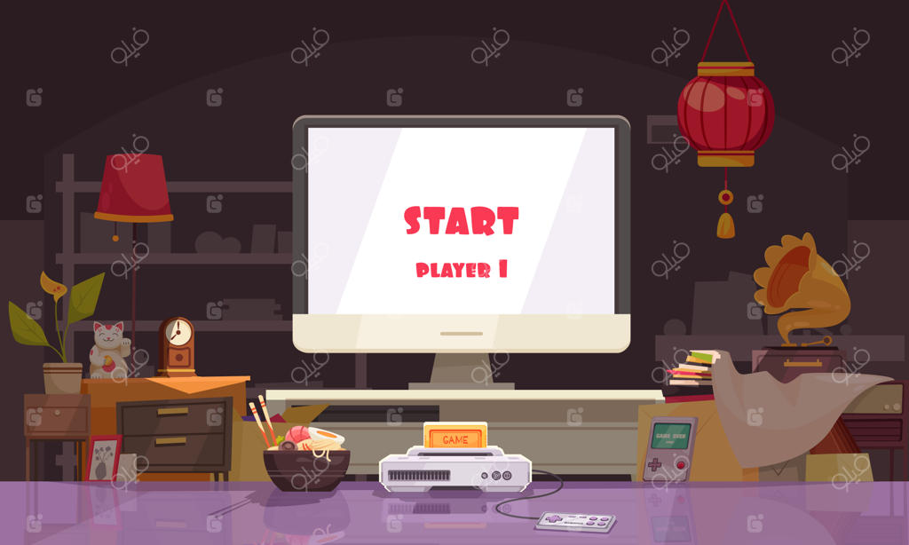 چیدمان ژاپنی اتاق نشیمن با نودل و کنسول بازی همراه با صفحه نمایش