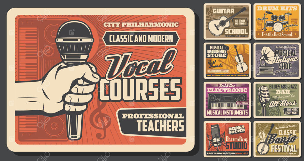 گیتار، ساکسوفون، میکروفون و درامز موسیقی