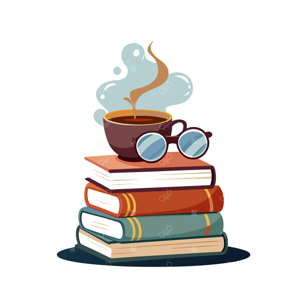 یک دسته کتاب با یک فنجان چای و کتابی که از آن بخار بلند می‌شود