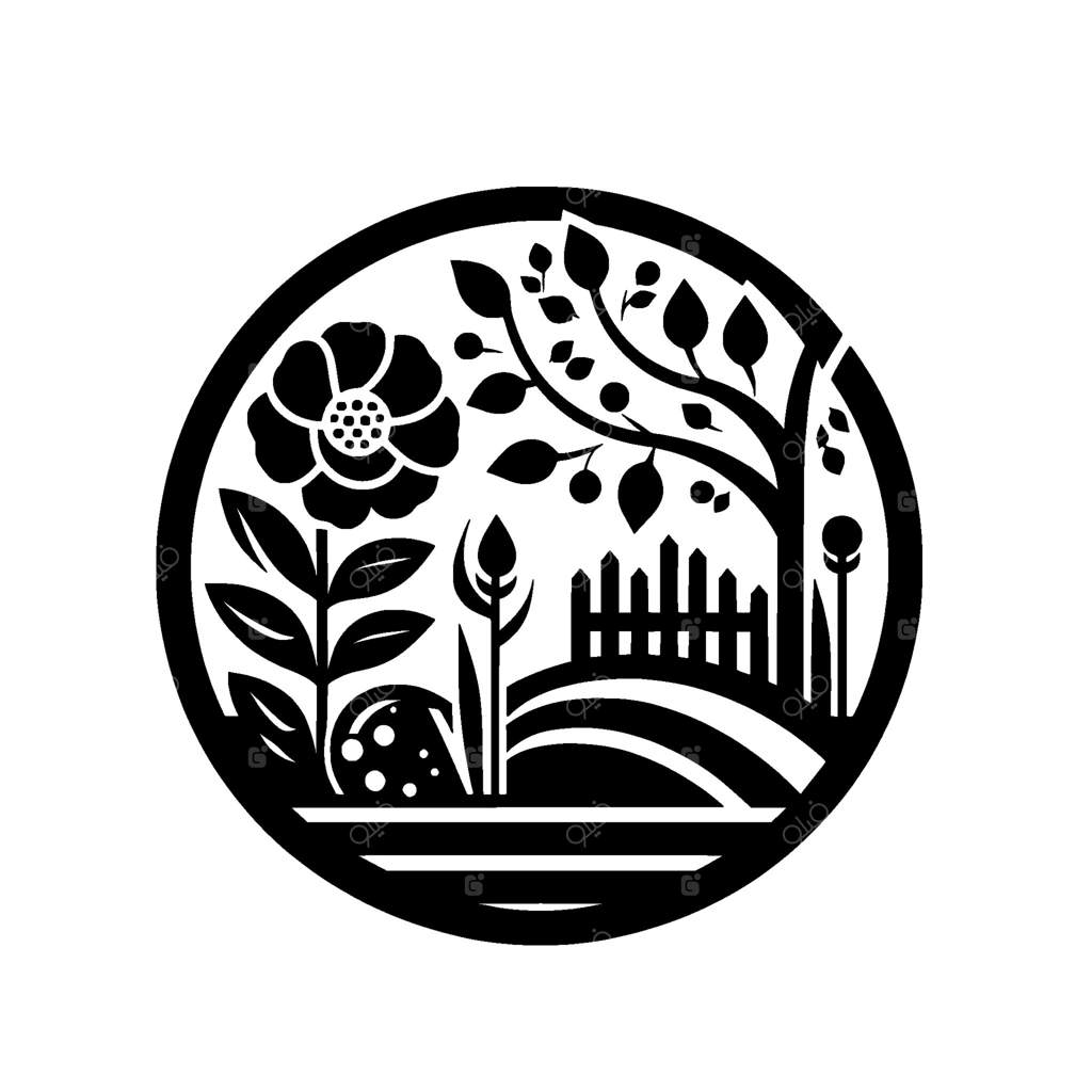 ترکیب هنری سیاه و سفید از گل، درخت، نرده و شاخ و برگ در باغی دایره‌ای شکل.
