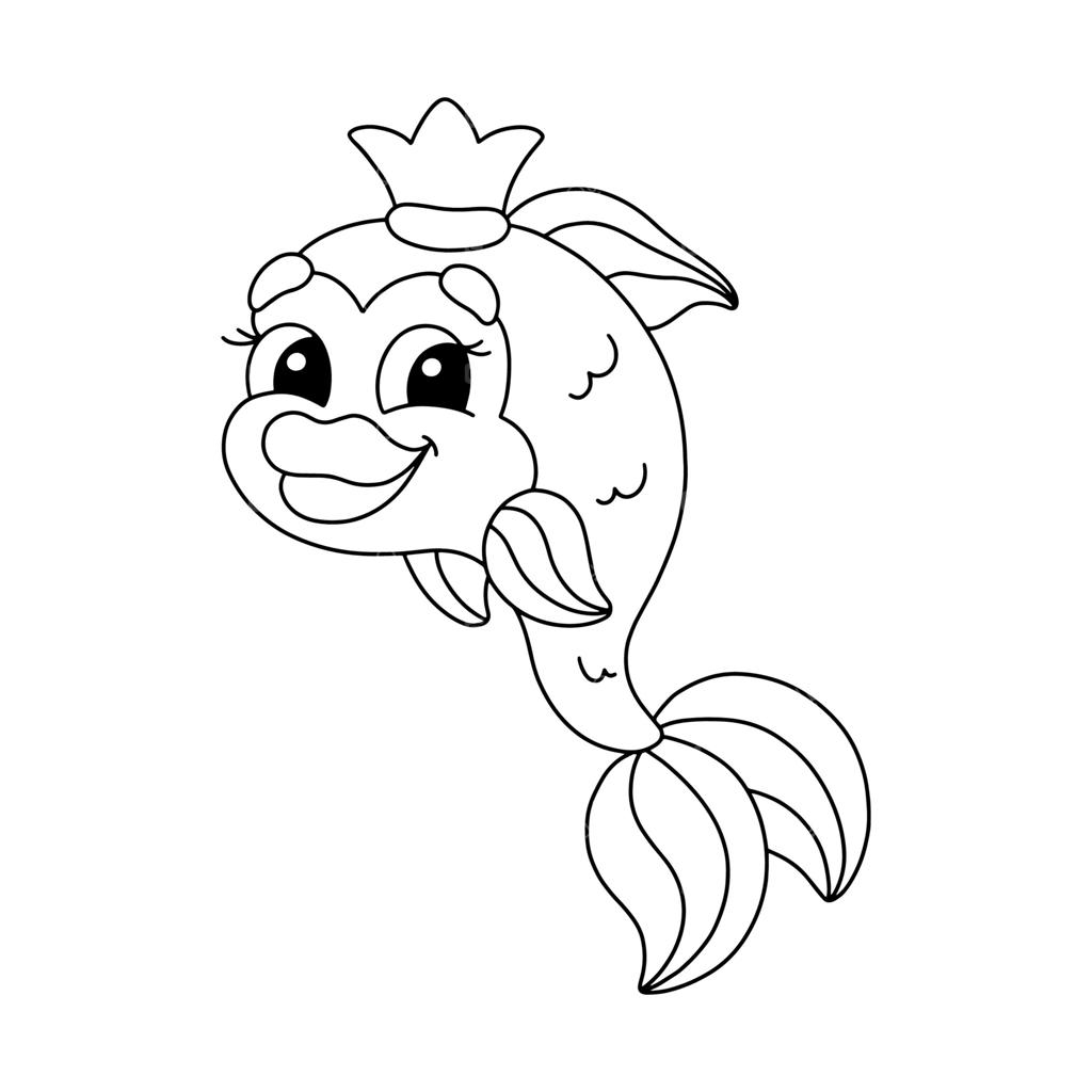 ماهی کارتونی بامزه با تاج، خوشحال و آماده برای رنگ‌آمیزی و سرگرمی کودکان
