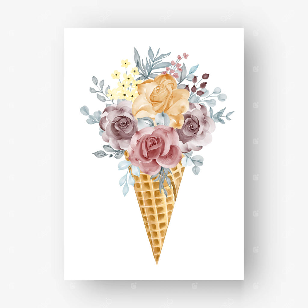 بستنی قیفی با تصویر آبرنگی گل رز نارنجی و زرشکی