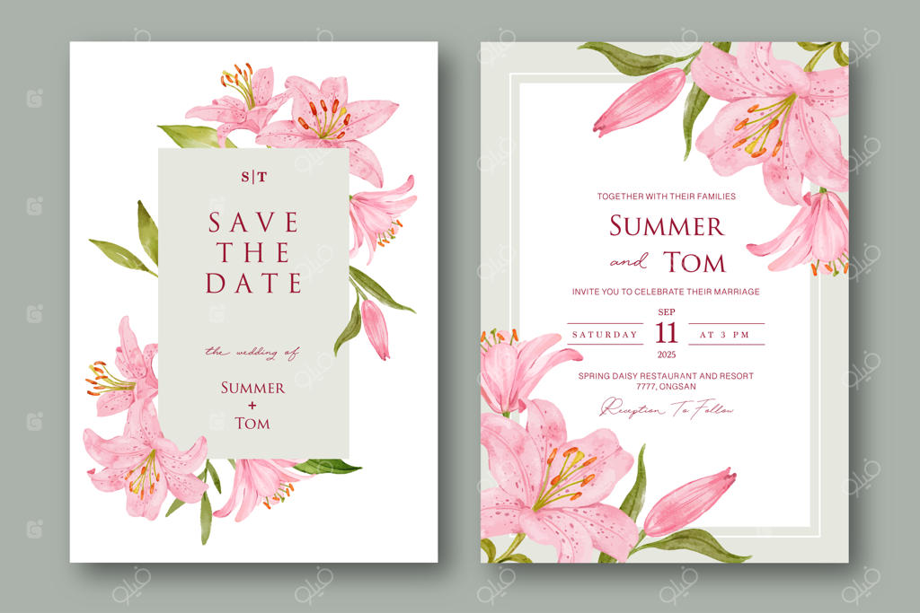 مجموعه کارت عروسی با طرح گل سوسن صورتی