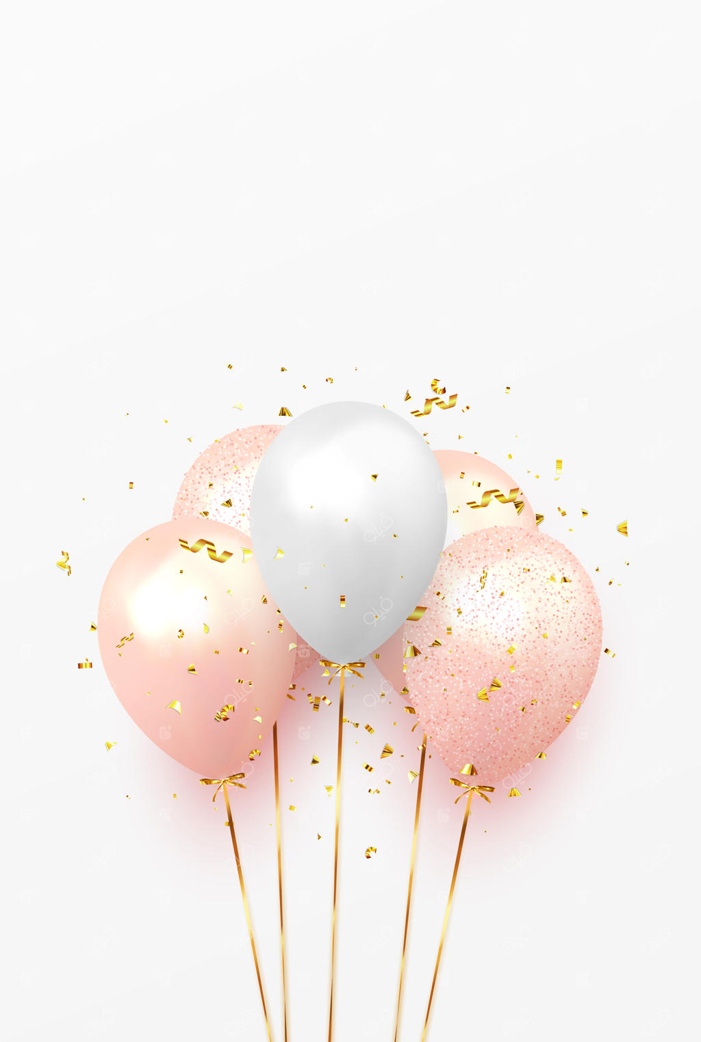 پس‌زمینه‌ای با بادکنک‌های جشن و روبان: طراحی جشن تولد با بادکنک‌ها به رنگ‌های صورتی و سفید، تزئین شده با درخشش و اکلیل طلایی. قالبی برای جشن تولد