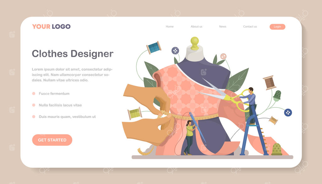 بنر وب یا صفحه فرود طراح مد: استاد حرفه‌ای خیاطی و دوخت لباس. تصویر بردار خیاط در حال کار با مانکن.