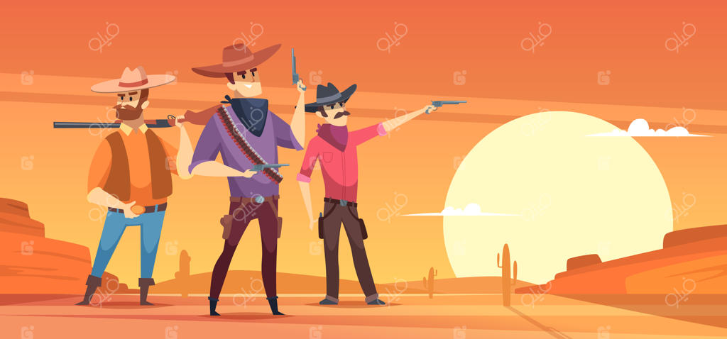 پس‌زمینه غرب وحشی: طرح‌های بیابان و گاوچران‌ها بر روی اسب در حیات‌وحش