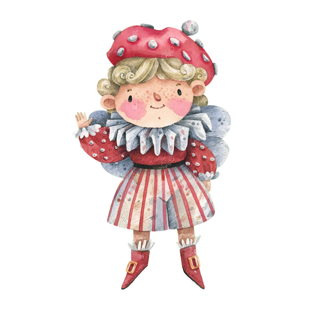 پسر بامزه در لباس قارچ مگس - نقاشی آبرنگ، زمینه سفید.