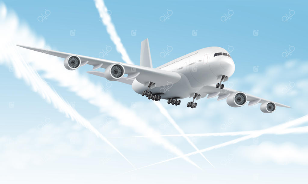 هواپیمای جت در نمای نزدیک با دنباله‌های بخار در آسمان آبی