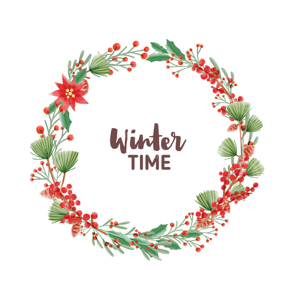 زمان زمستان: طراحی دست‌نویس درون قاب دایره‌ای یا تاج جشن ساخته شده از شاخه‌های کاج، کاجک، بنت‌قنسول و برگ‌های گیاه خَرَزَهره