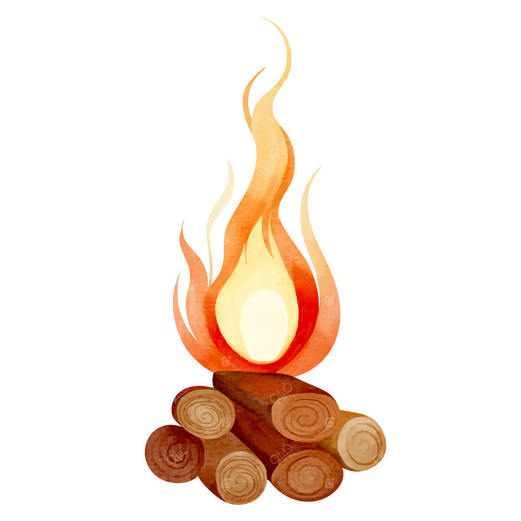 آتش جنگلی با حس و حال پاییزی و گرمای روستایی با آبرنگ. نقاشی دستی شومینه در پاییز