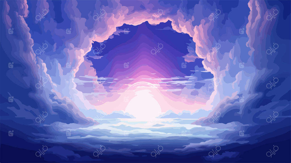 دروازه فضایی باشکوهی گشوده به طلوع اقیانوس، برفراز ابرها در دل کهکشان
