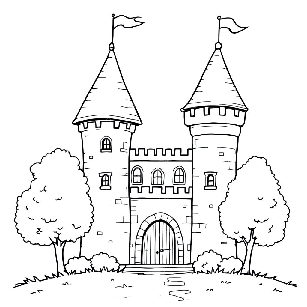 تصویر خطی آسان از منظره برج‌های باشکوه قلعه برای رنگ‌آمیزی