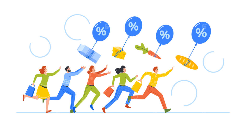 مفهوم تورم غذایی: شخصیت‌های مصرف‌کننده به دنبال کالاها با بادکنک‌های هوایی و افزایش شاخص قیمت