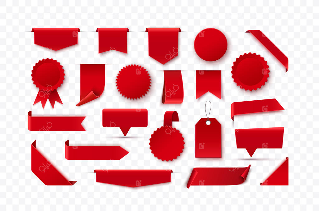 مجموعه‌ای از روبان‌ها، برچسب‌ها و نشان‌های قرمز ساده و مجزا