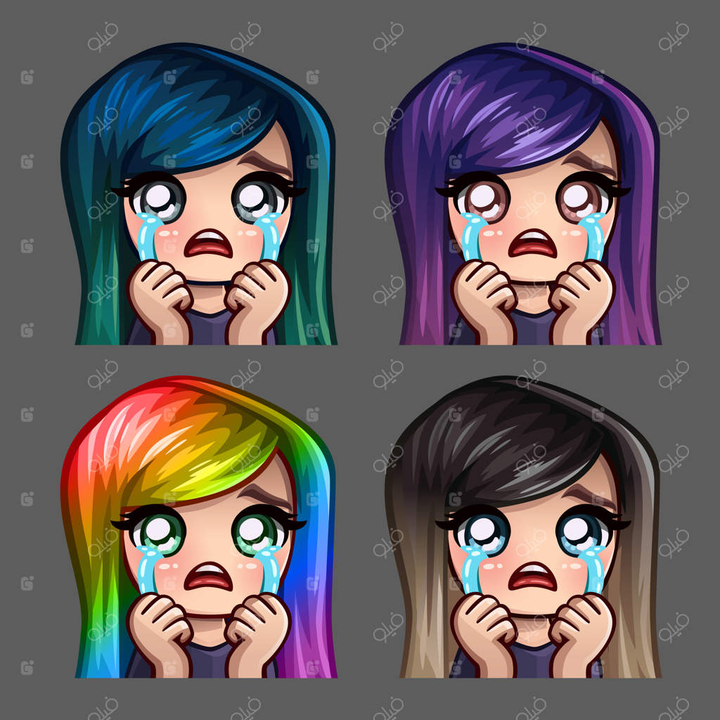 آیکون‌های احساسی دختر گریان با موهای بلند برای شبکه‌های اجتماعی و استیکرها