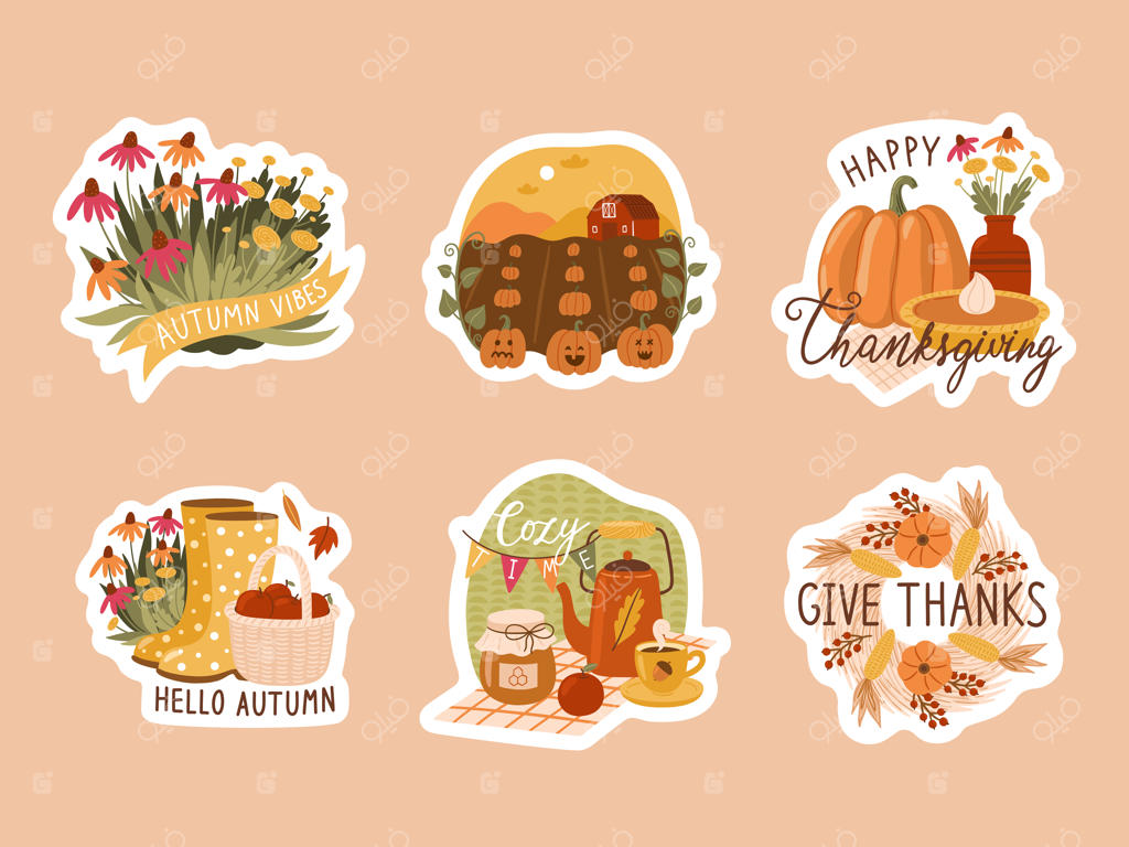 بسته برچسب وکتور پاییزی با حاشیه سفید ضخیم