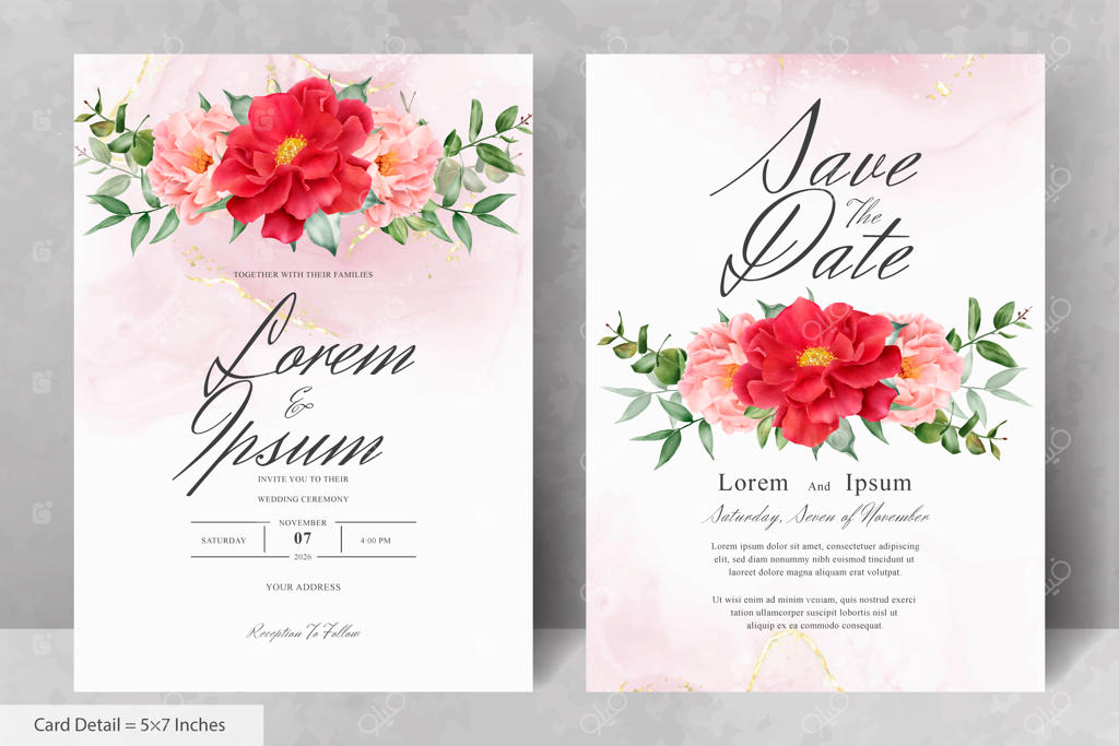 سرویس دعوت عروسی زیبا با نقاشی آبرنگ گل‌های صدتومانی و برگ‌ها