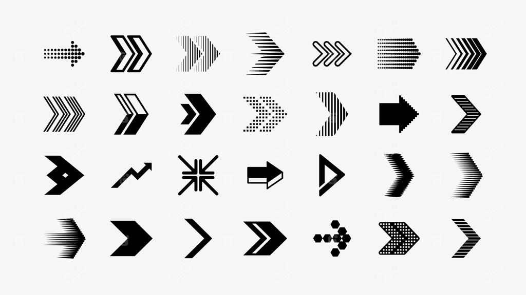 مجموعه آیکون‌ها و نمادهای فلش سیاه در سبک‌ها و جهت‌های متنوع