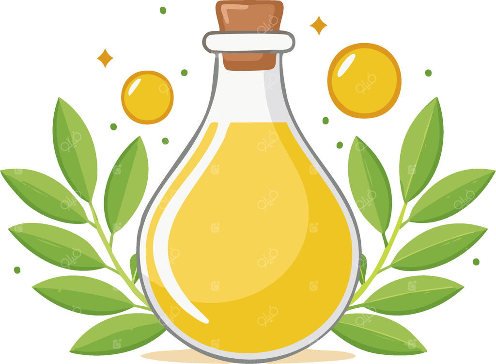 روغن زیتون طلایی در بطری شیشه‌ای شفاف با طراحی شاخ و برگ سبز