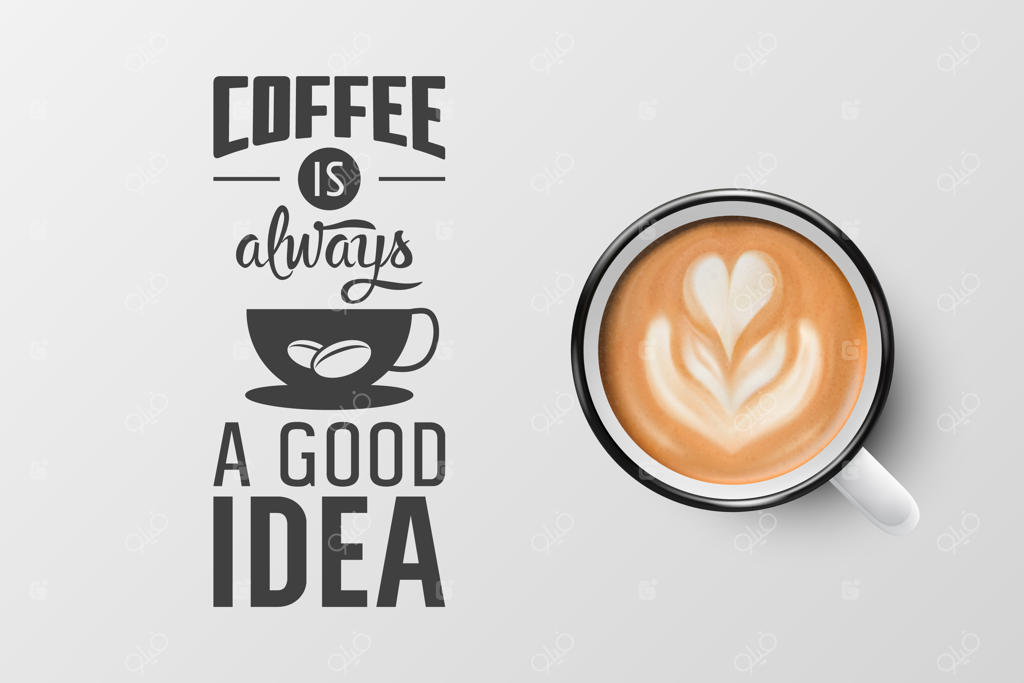 لیوان فلزی سه‌بعدی سفید با طرح فوم قهوه کاپوچینو، لیوان قهوه با نقل‌قول و جمله‌ای درباره قهوه، طرح از نمای بالا