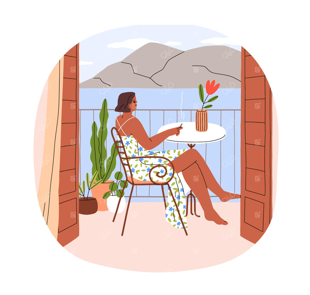 دختری در حال استراحت در بالکن کنار دریا با چشم‌انداز طبیعت، کوه و دریا. زن جوانی که روی میز نشسته و در تعطیلات تابستانی سیگار می‌کشد. تصویرسازی برداری و تخت بر روی پس‌زمینه سفید.