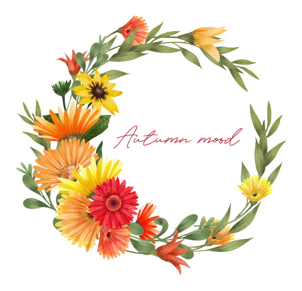 تاج گل پاییزی با ژربرا، ستاره‌ای و برگ‌های سبز