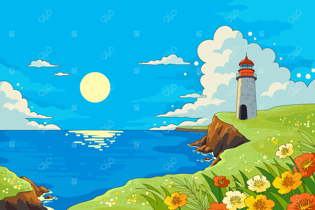 فانوس دریایی کنار دریا در یک روز آفتابی