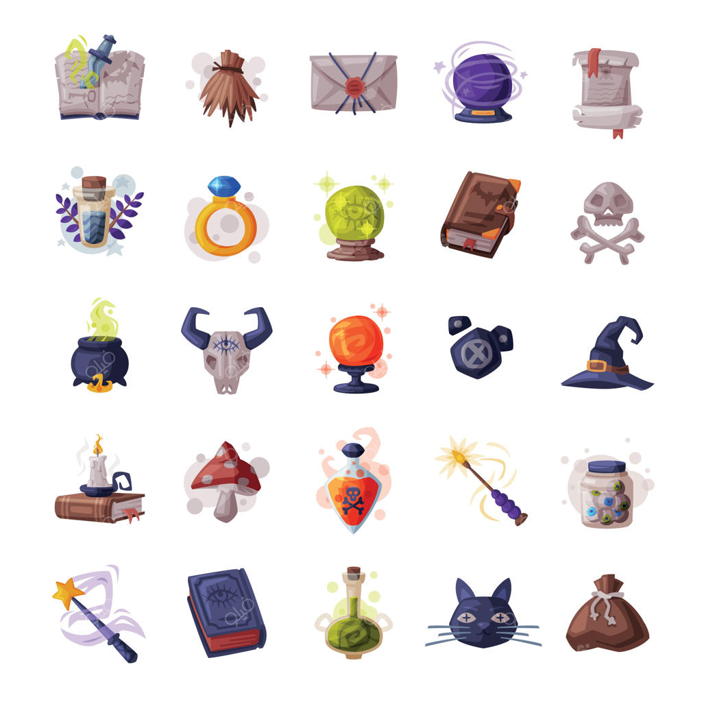مجموعه‌ای از اشیاء اسرارآمیز برای آیین‌های جادویی: خنجر، کتاب جادو، شیشه اکسیر، چوبدستی، شمع، و جمجمه گاو به سبک کارتونی