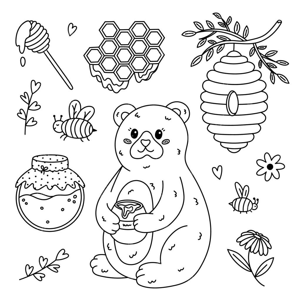ست جذاب از نقاشی‌های خطی درباره تولید عسل با خرسی خوشحال که از شیشه می‌خورد، قاشق چوبی، گل‌های دیزی. مجموعه‌ای کودکانه و دست‌ساز درباره ذخیره‌سازی شیرینی‌های ارگانیک و زنبورداری روی زمینه سفید.