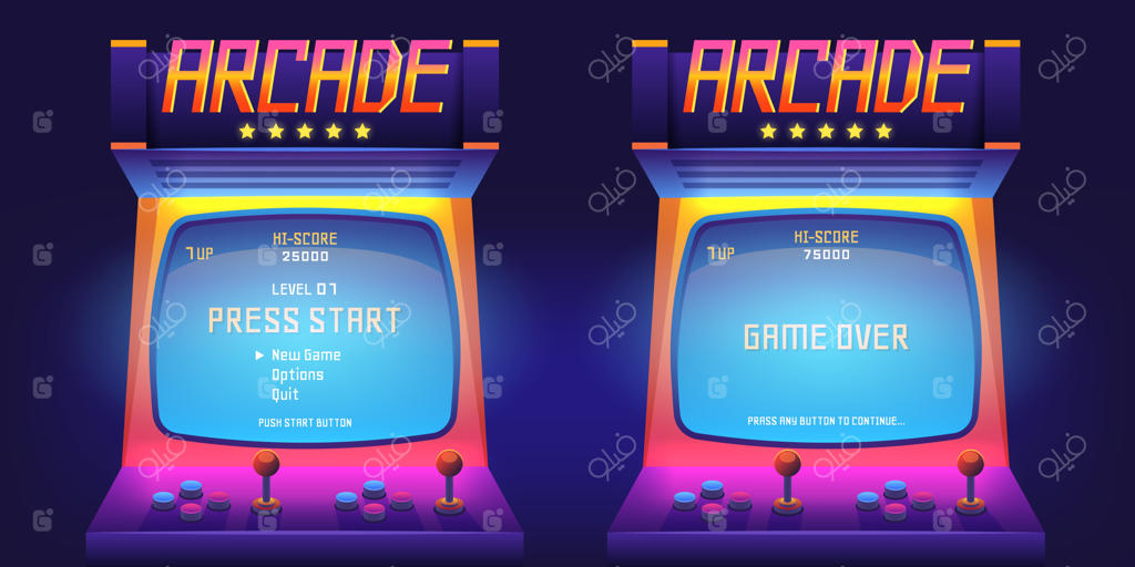 صفحه نمایش بازی آرکید: آغاز به‌سبک رترو دهه ۸۰ و پایان بازی، رابط صفحه نمایش کنسول‌های ویدیویی قدیمی دهه ۹۰