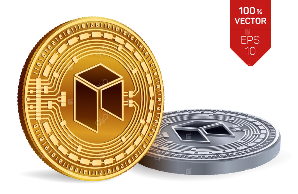 سکه‌های طلایی و نقره‌ای ارز دیجیتال با نماد نئو بر روی زمینه سفید.