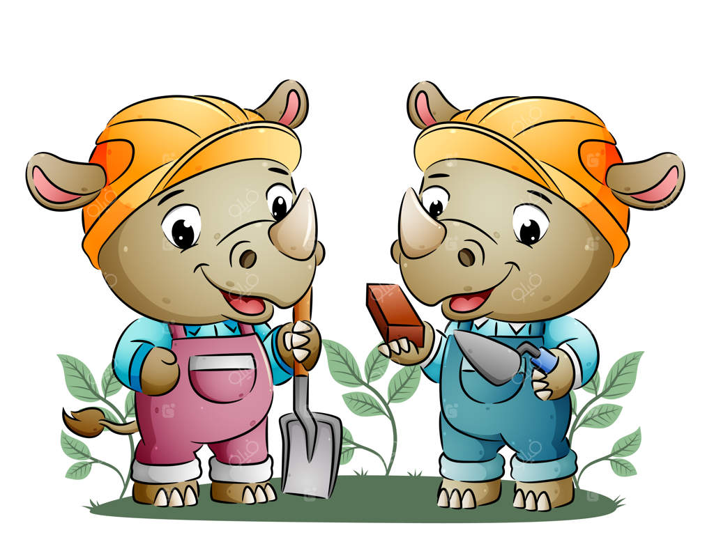 دو کرگدن در حال نگهداری بیل و آجرهای قرمز در تصویر هستند