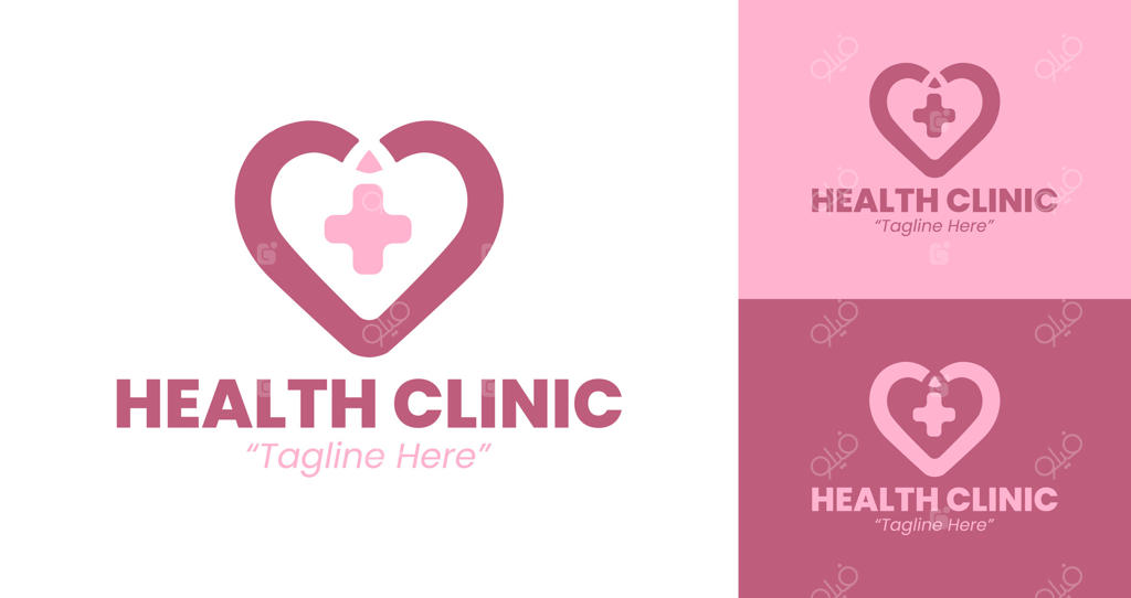 طراحی لوگوی کلینیک حرفه‌ای سلامت با نماد قلب و ضربان در رنگ‌های صورتی و سفید