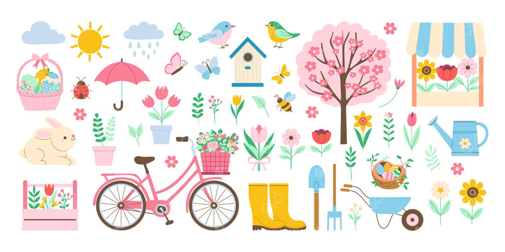 تصویری رنگارنگ از بهار: باغی با دوچرخه، لانه پرنده، پرنده و درخت