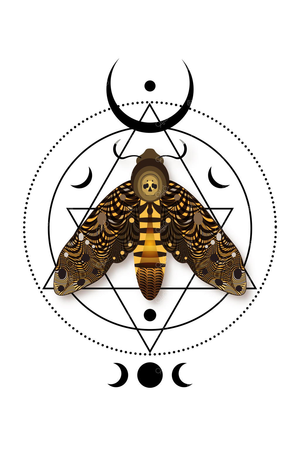 شاپرک مرگ اسرارآمیز با رنگ‌های قهوه‌ای تیره، هلال ماه و پروانه الهه سه‌گانه ویکا