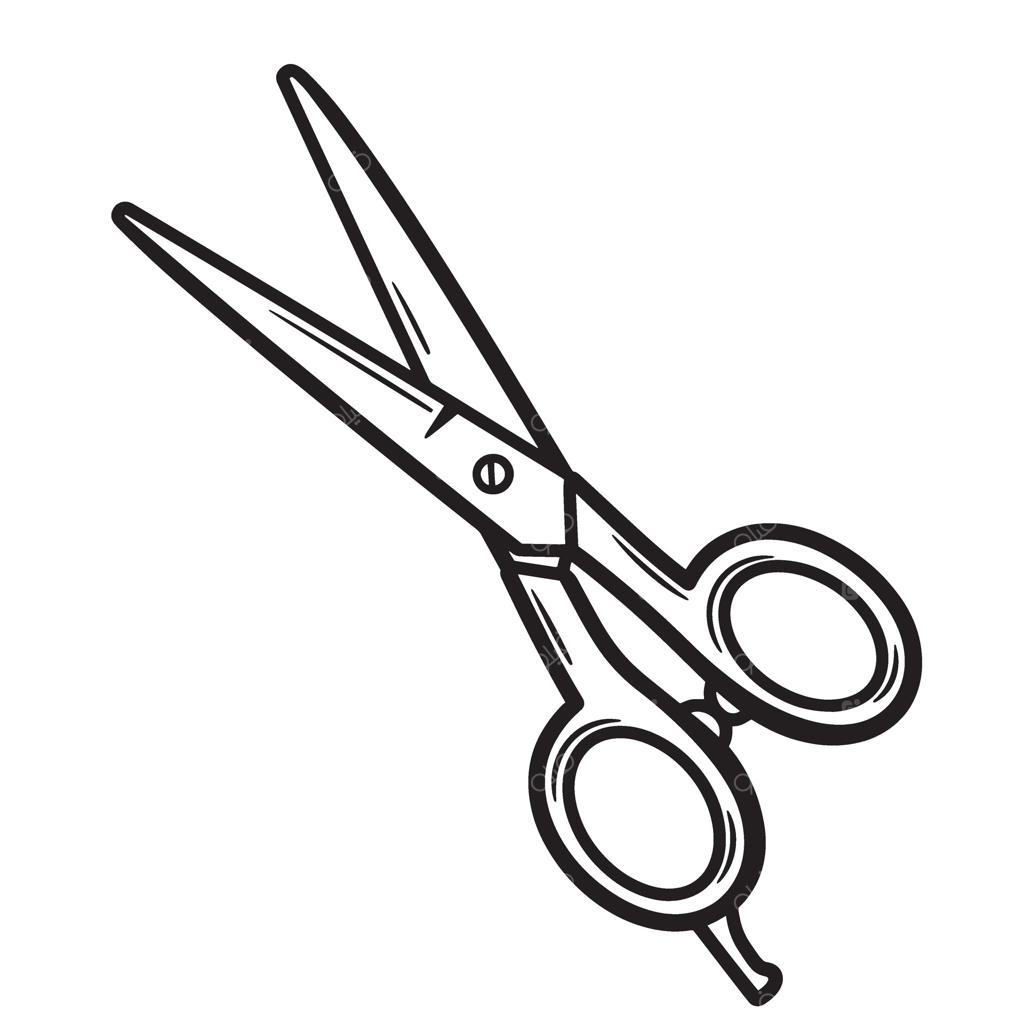 تصویرسازی به سبک دست‌کشیده از قیچی اصلاح مو بر روی پس‌زمینه سفید، مفهومی از ابزار طراحی سلمانی