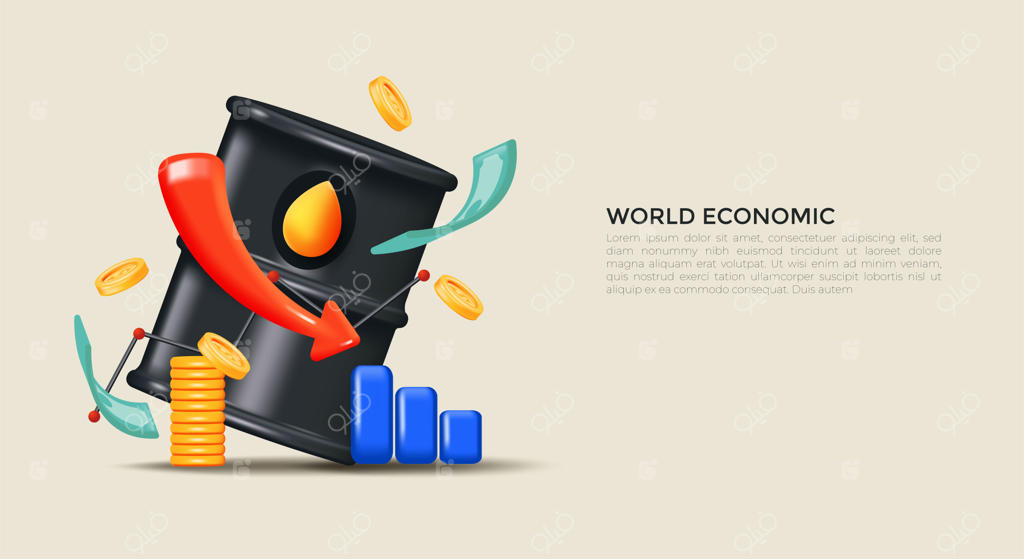 اقتصاد جهانی: قیمت نفت، شاخص‌های بازار سهام و تجارت خلاقانه - مفهومی از سرمایه‌گذاری با طراحی سه‌بعدی وکتور واقع‌گرایانه