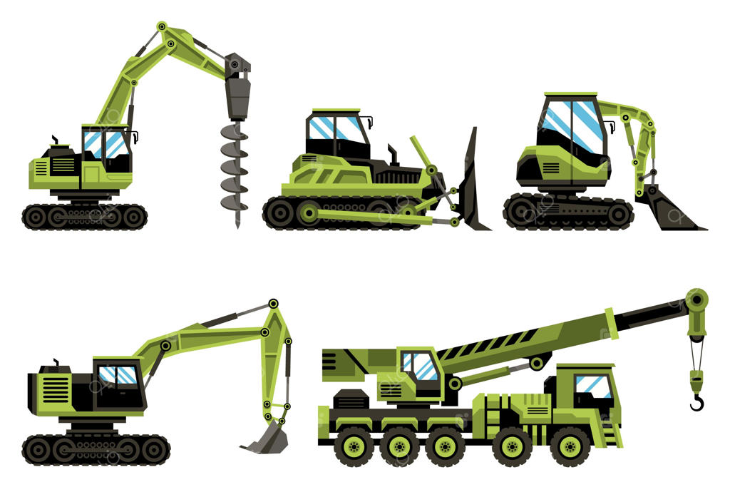 مجموعه‌ای از بیل مکانیکی‌های سبز رنگ