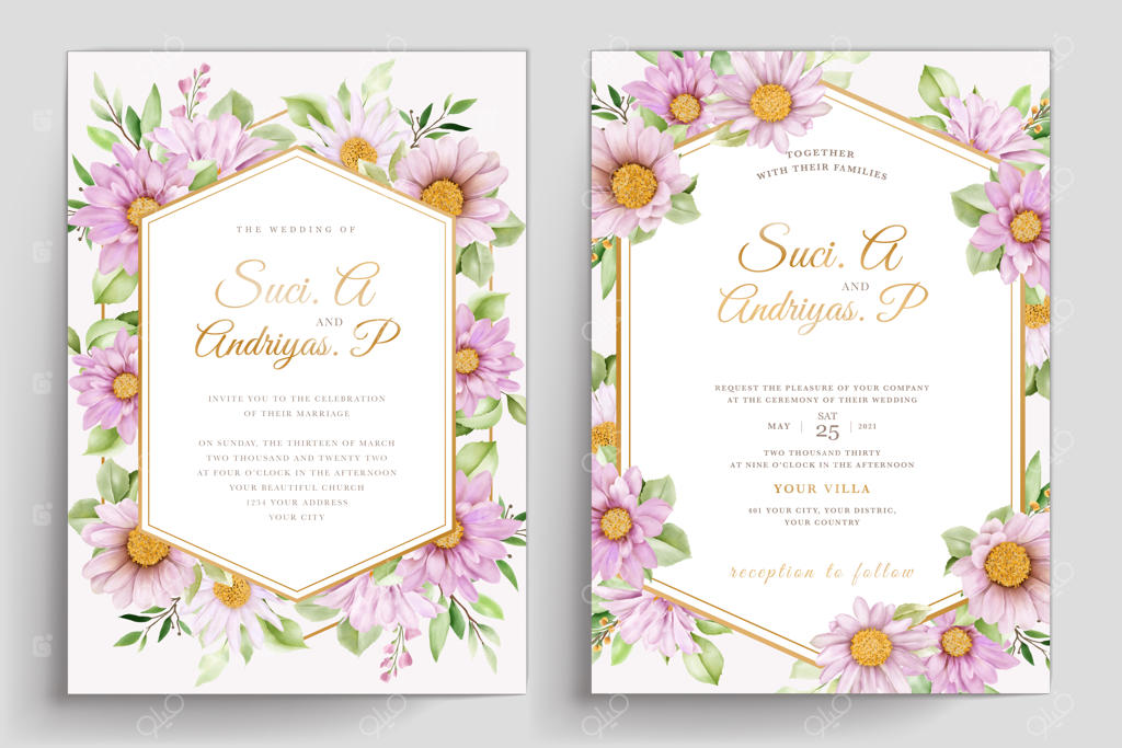 ست کارت دعوت عروسی گل داودی آبرنگی