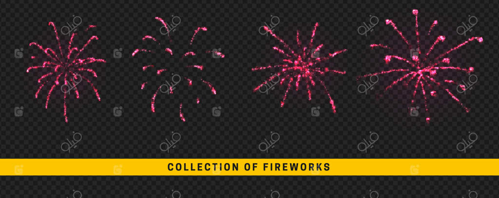 نورافشانی آتش‌بازی: انفجارهای آتش‌بازی و مجموعه‌ای از جلوه‌های نوری با طراحی واقعی. تصویرسازی وکتور.