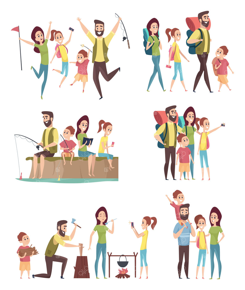 کوه‌پیمایی خانوادگی؛ زوج‌ها و کودکان گردشگر در حال گشت‌وگذار، ماجراجویی و کمپینگ شاد در کوهستان