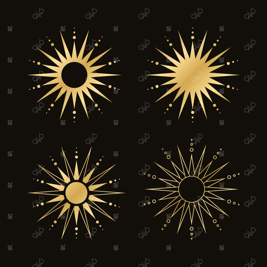 مجموعه لوگو آیکون خورشید بوهو طلایی با طراحی ساده و انتزاعی برای قالب‌ها، چاپ، وب و پست‌های شبکه‌های اجتماعی