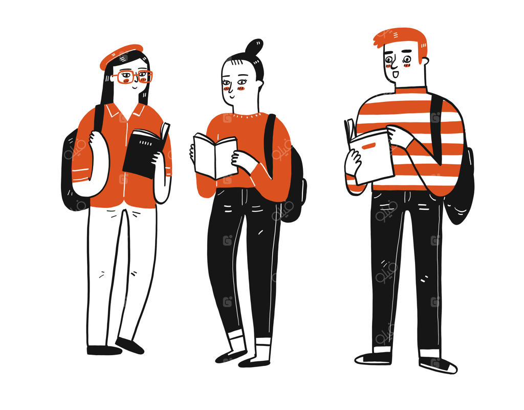 گروهی از دانشجویان ایستاده و کتاب‌به‌دست در حال گفتگو