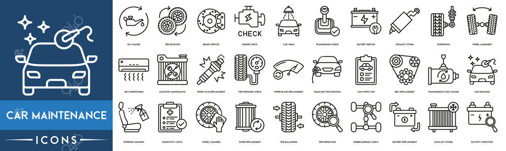 نگهداری خودرو، تعویض روغن، تعویض و جابجایی لاستیک‌ها، سرویس ترمز، بررسی موتور، شست‌وشوی خودرو، بررسی گیربکس، سرویس باتری - مجموعه آیکون‌های وب خطی. مجموعه آیکون‌های خطی.