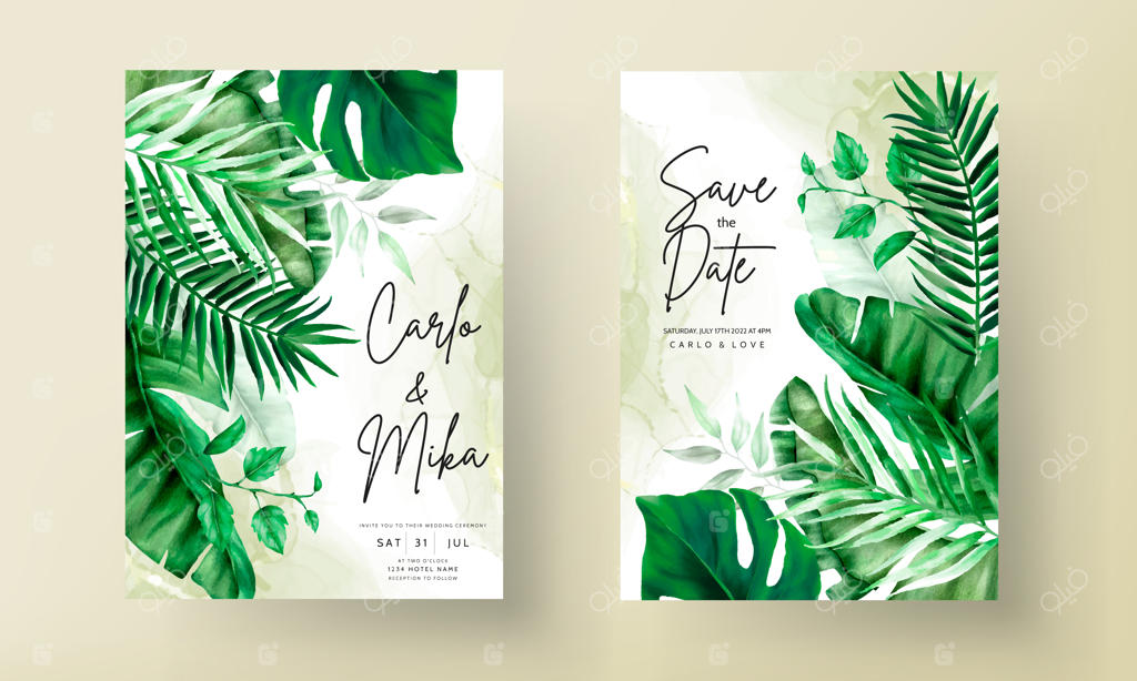 قالب دعوتنامه برای عروسی استوایی با برگ های شیک