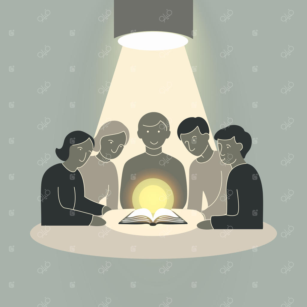 صحنه‌ای انتزاعی با کتابی که نور دانش را به تصویر می‌کشد: سیلوئت‌های دانش‌آموزان به سبک مینیمالیستی