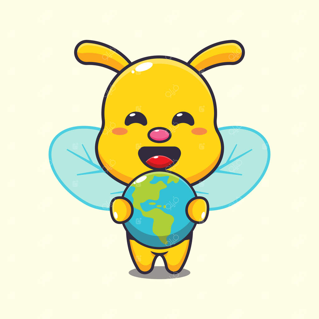 تصویر کارتونی جذاب زنبور در حال در آغوش گرفتن زمین