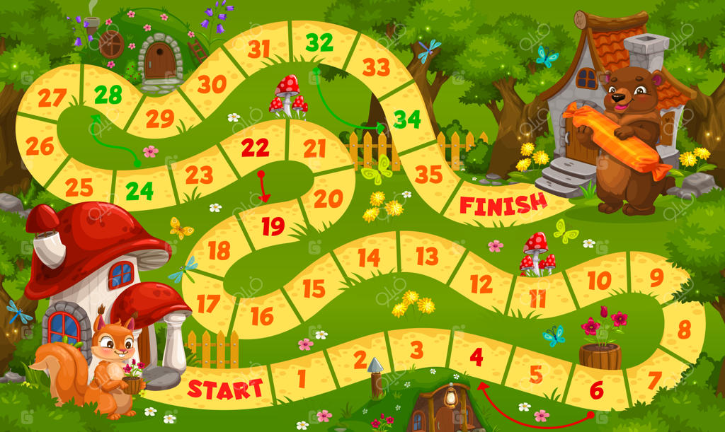 بازی تخته‌ای کودکانه با خانه‌های خرس، سنجاب و جن