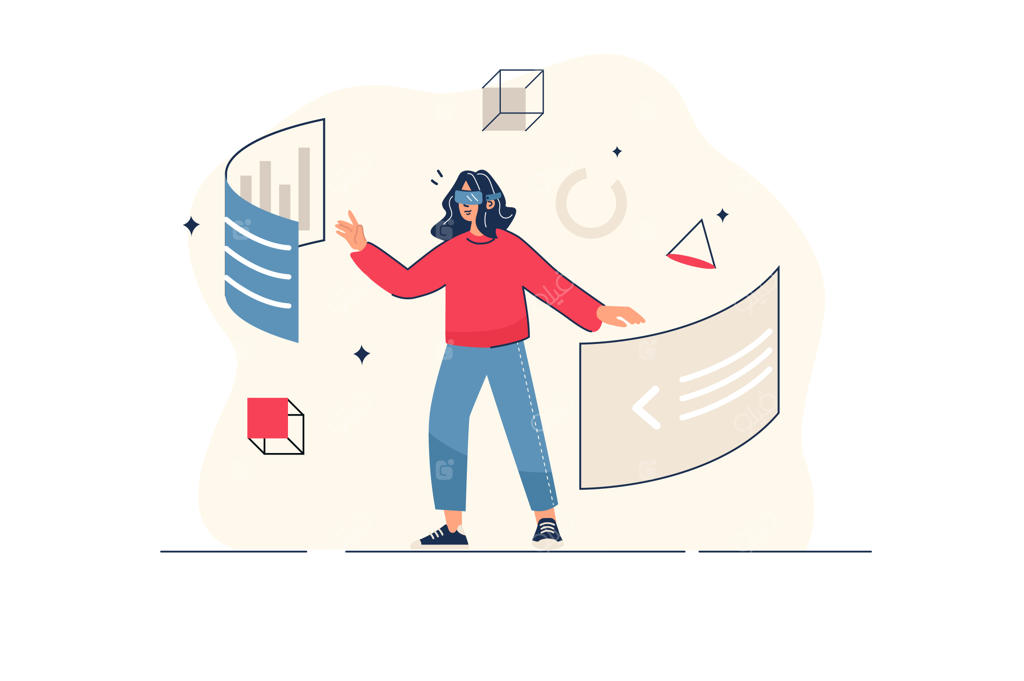 مفهوم متاورس با طراحی ساده و صحنه‌ای از زنی با عینک واقعیت مجازی در حال کار