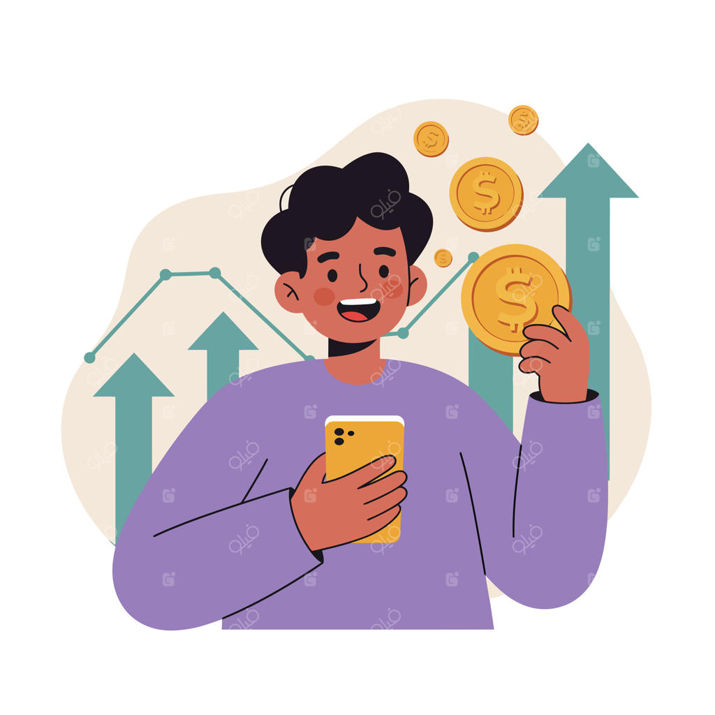 جوانی با گوشی هوشمند و تصویر سکه‌های در حال افزایش و فلش‌های رشد مالی
